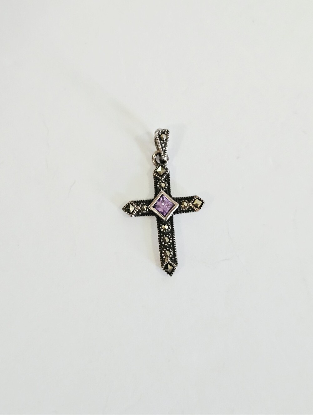 Vintage Charles Winston Art Deco 925 Silver Marcasite Amethyst Cross Pendant